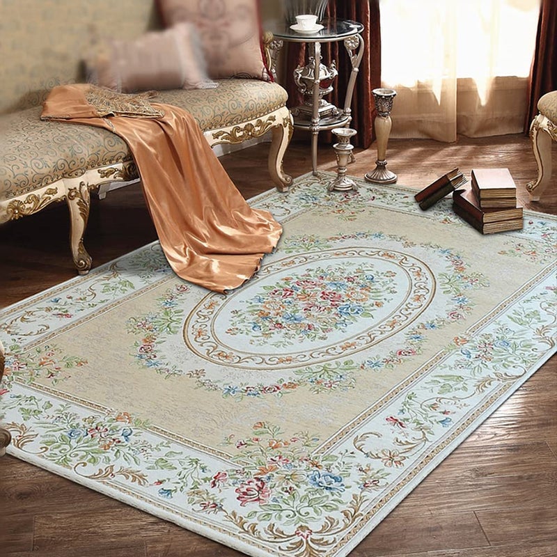 UKELER Luxury Soft Rustic Floral Area Rugs Washable Elegant Non Slip Accent Floor Rugs Carpet for Nursery Bedroom (47.2''x71'', Beige Garden) - Image 1